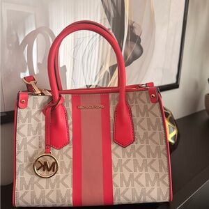 Michael Kors Pink and Beige Signature Satchel with Gold Charm Cross Body